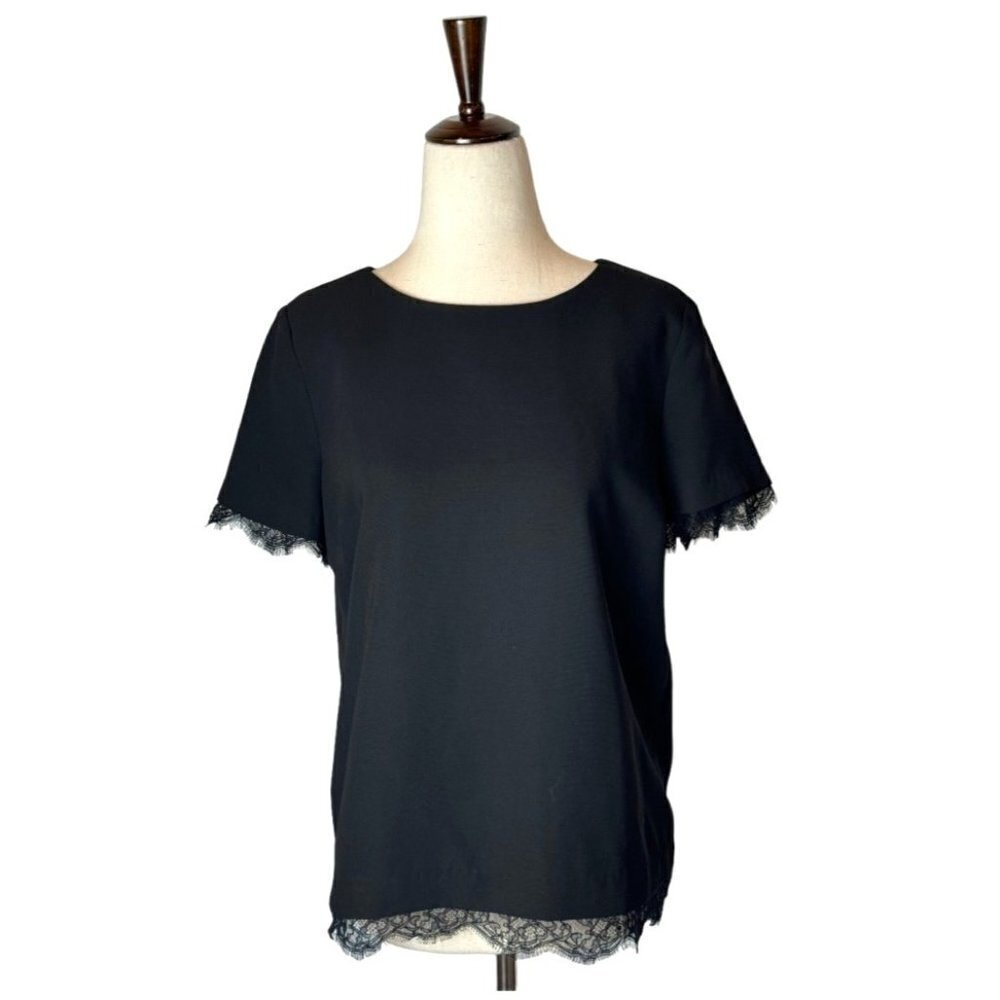 Sandro Black Crew Neck Short Sleeve Lace Trim Exposed Zipper Blouse Size 0‎ - Picture 2 of 12